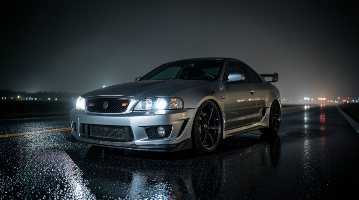 Silver Nissan Skyline R34 Night Drive 1248x696 wallpaper