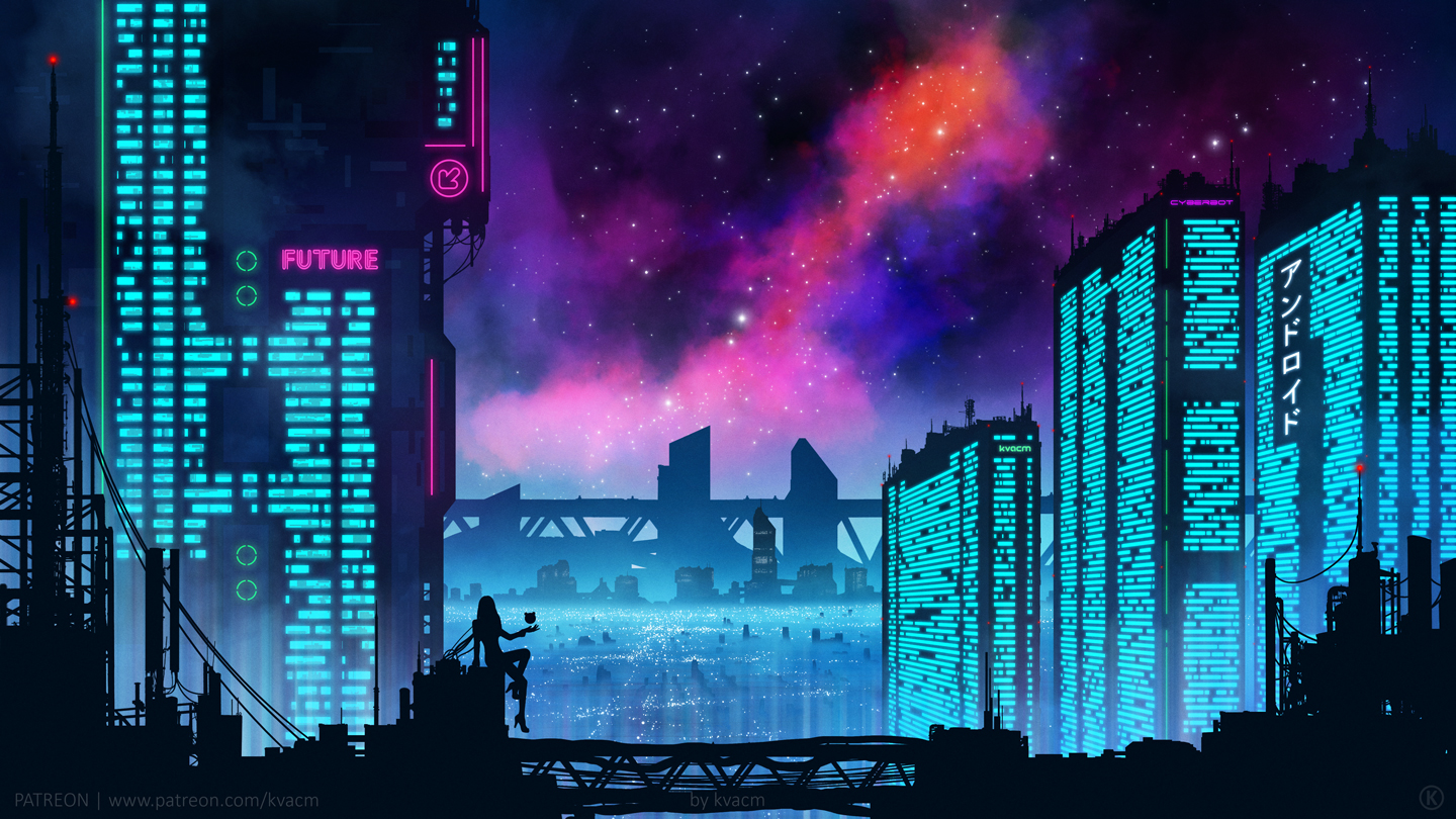 Futuristic City Under Glowing Nebula 1440x810 Cyberpunk wallpaper