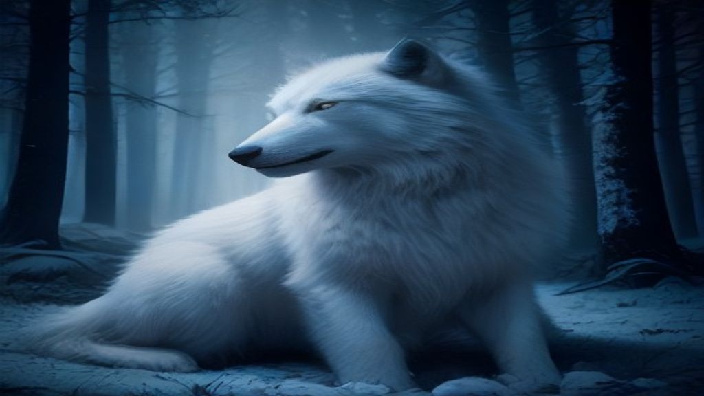 Majestic White Wolf In A Moonlit Winter Forest, Fantasy wallpaper