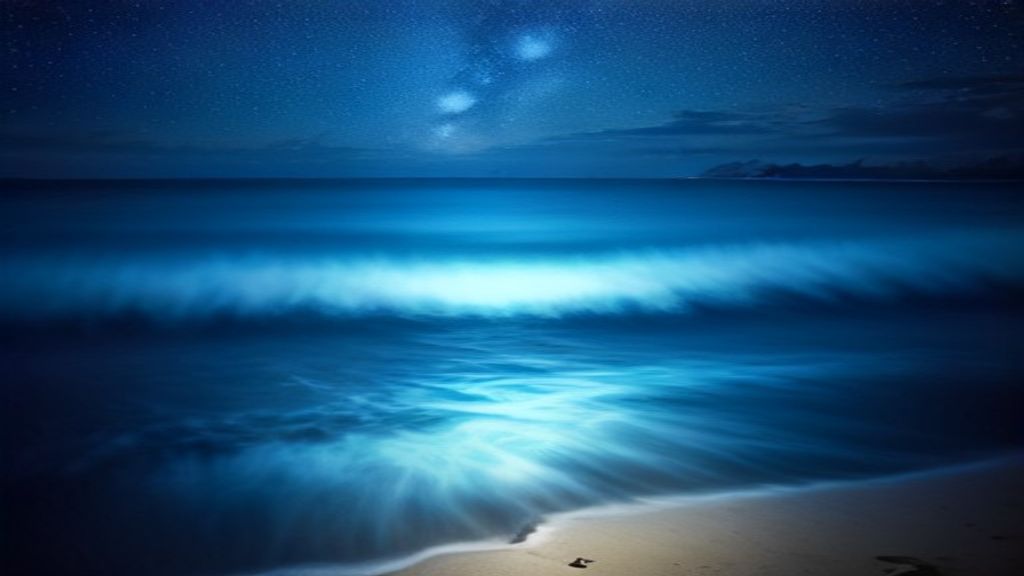 Bioluminescent Beach At Night, Glowing Blue Waves, Star-filled Nature wallpaper