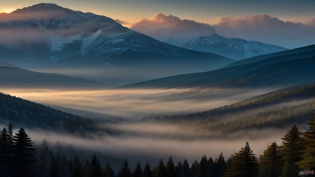 Misty Mountain Valley At Sunrise, Layered Peaks, Golden