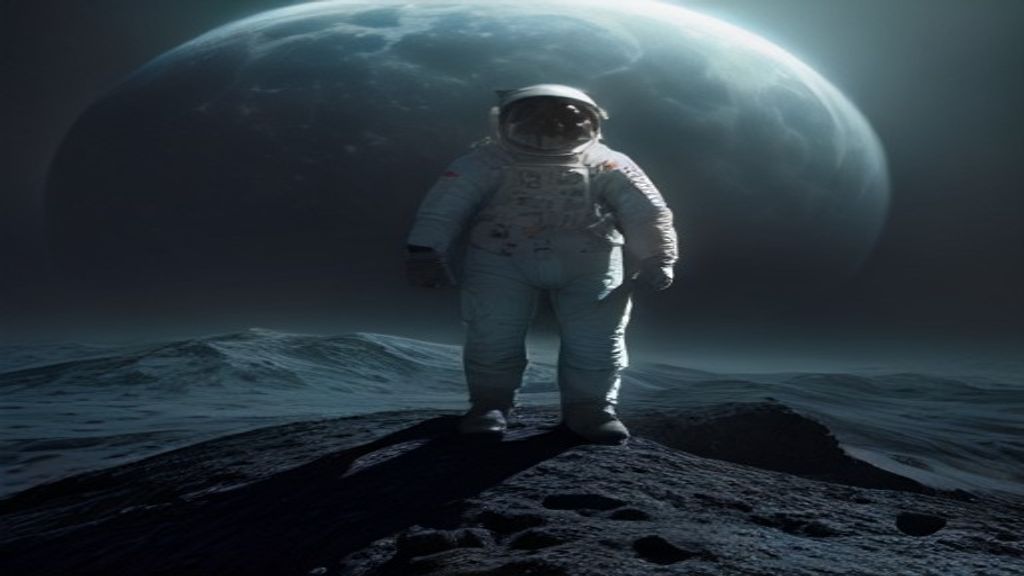Astronaut Standing On A Moon Ridge Overlooking Earth, Space wallpaper